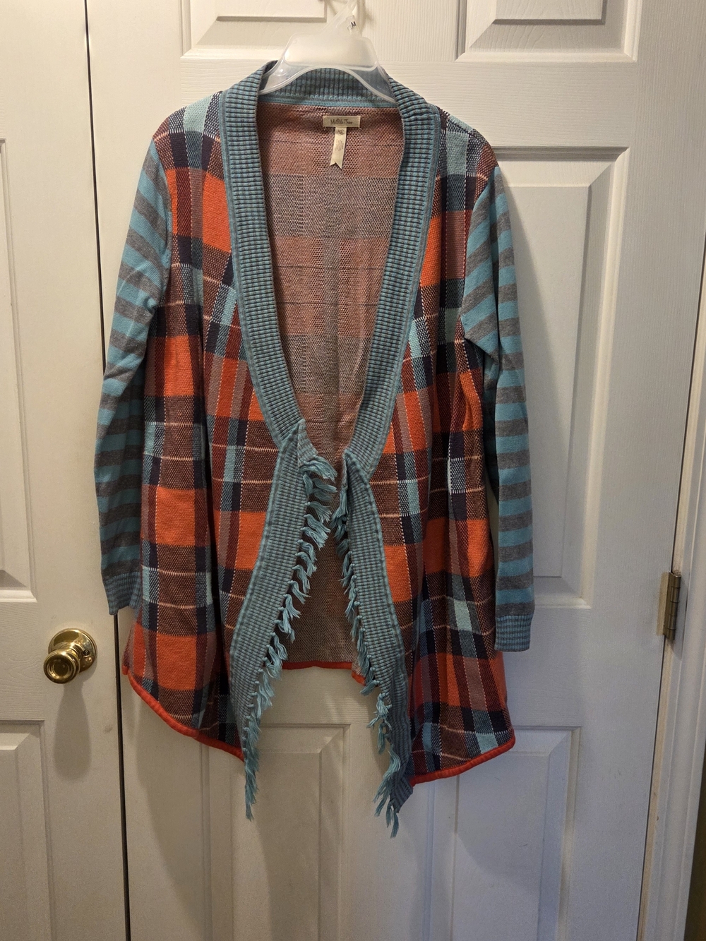 Matilda Jane Teal & Orange Plaid Fringe Open Cardigan